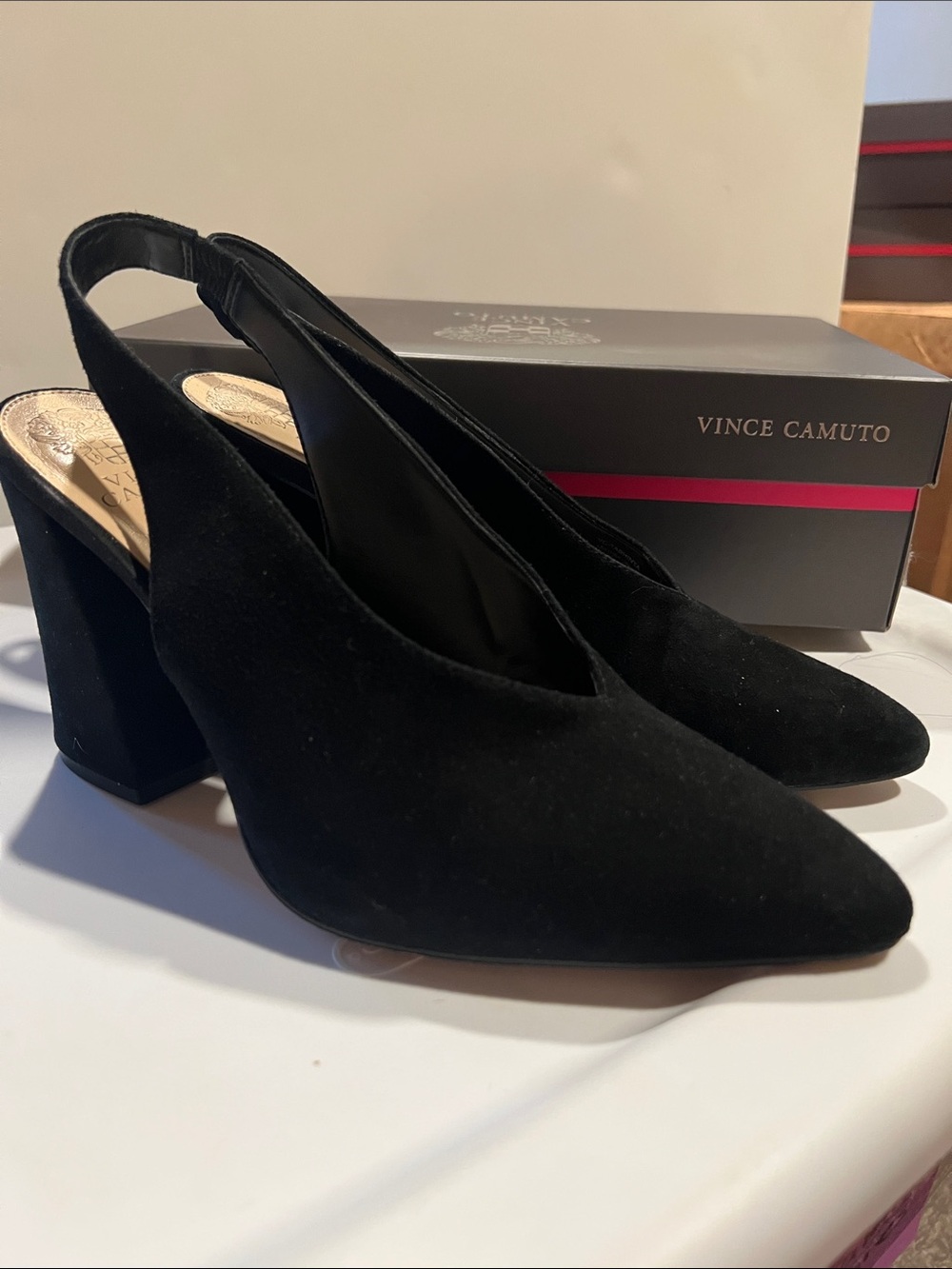 Vince camuto black suede sling back